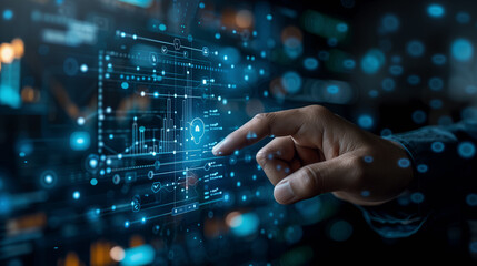A hand of a businessman touching stock market financial investment and trading graph interface