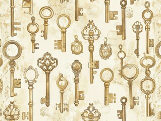 Antique keys on a distressed parchment background providing an old world charm and nostalgic feel