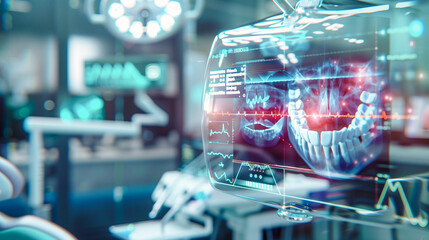 In a futuristic laboratory, a transparent display showcases a high-tech brain scan, illustrating the cutting-edge intersection of medical imaging and digital technology.