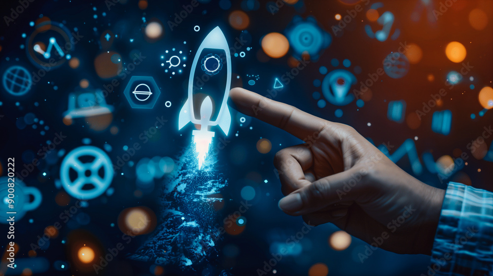 Poster a hand interacts with a holographic projection of a rocket, surrounded by various technological icon