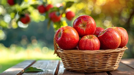 Freshly Picked Apples in a Basket on a Wooden Table in Autumn Orchard. Concept of Harvest, Organic Fruit, Fall Season, Nutritious Food