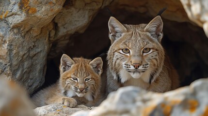 Obraz premium Lynx Mother and Kitten in Natural Habitat, Ideal for Wildlife and Nature Photography