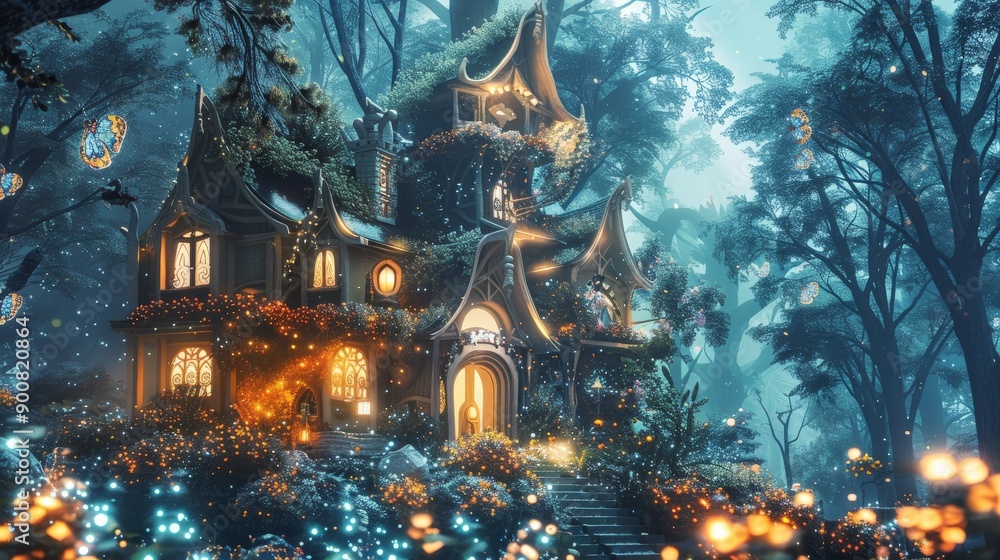 Aufkleber a magnificent mansion set in an enchanted forest, illuminated by glowing lights and surrounded by se