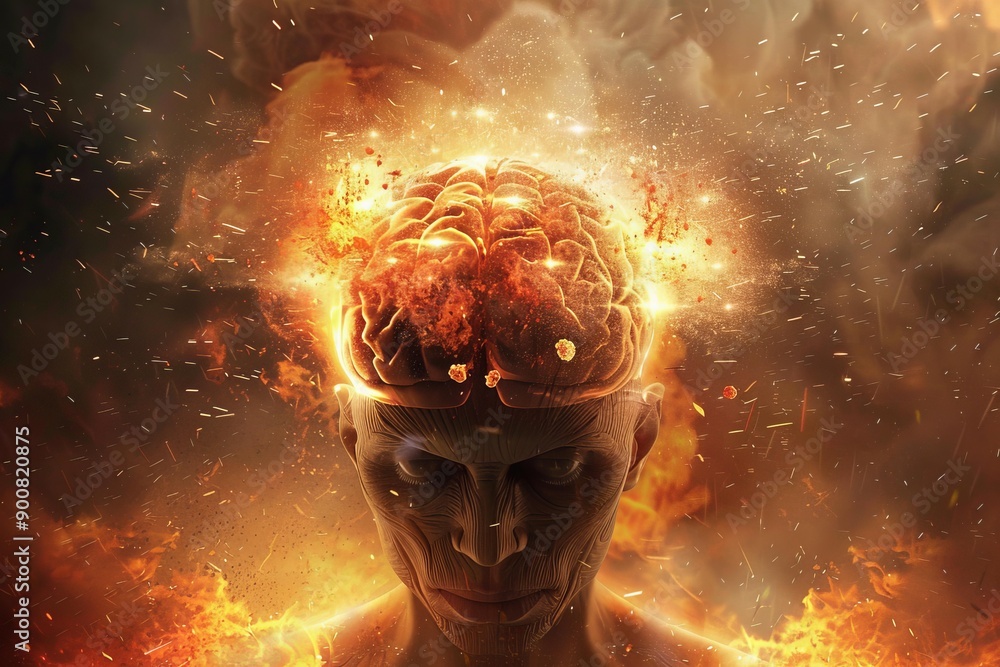 Poster digital art of a human head with an exploding brain representing intense thinking or stress