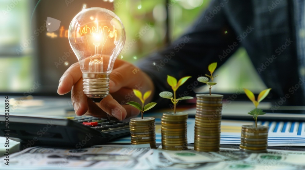 Poster a person holding a light bulb and a calculator with a stack of coins on a table