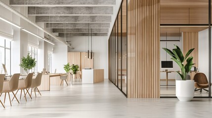 Open office space with glass partitions and wooden accents, creating a professional yet warm ambiance. A modern workspace emphasizing openness and collaboration.