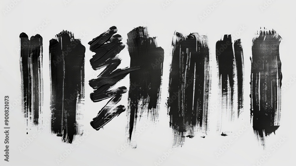 Fototapete A series of black brush strokes displayed on a white background, showcasing different textures and patterns. This abstract piece represents freedom and creativity.