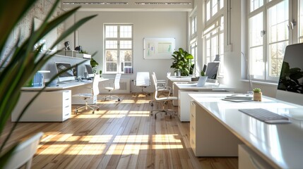 A stylish and modern open office space featuring large windows that allow natural light to flood the room. The decor includes ergonomic chairs, sleek desks, and numerous plants.