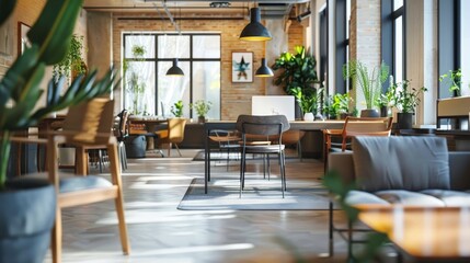 A warm and inviting coworking space with wooden furniture and abundant plants. The space is designed to promote collaboration and comfort for its users.