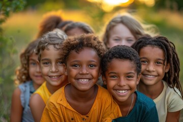 Obraz premium Happy Group of Multiethnic Children Laughing and Hugging in the Park at Sunset, Looking Down, Copy Space for Text, International Children's Day Concept