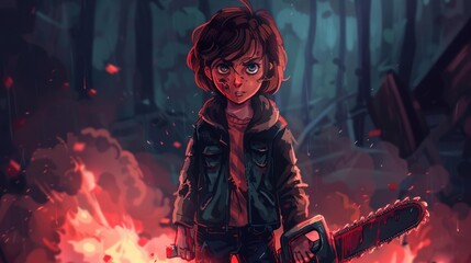 Fototapeta premium Young girl with a big chainsaw in the forest with a fire background.