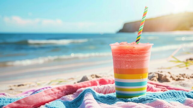 Colorful striped cup with fruity smoothie on sandy beach under blue sky
