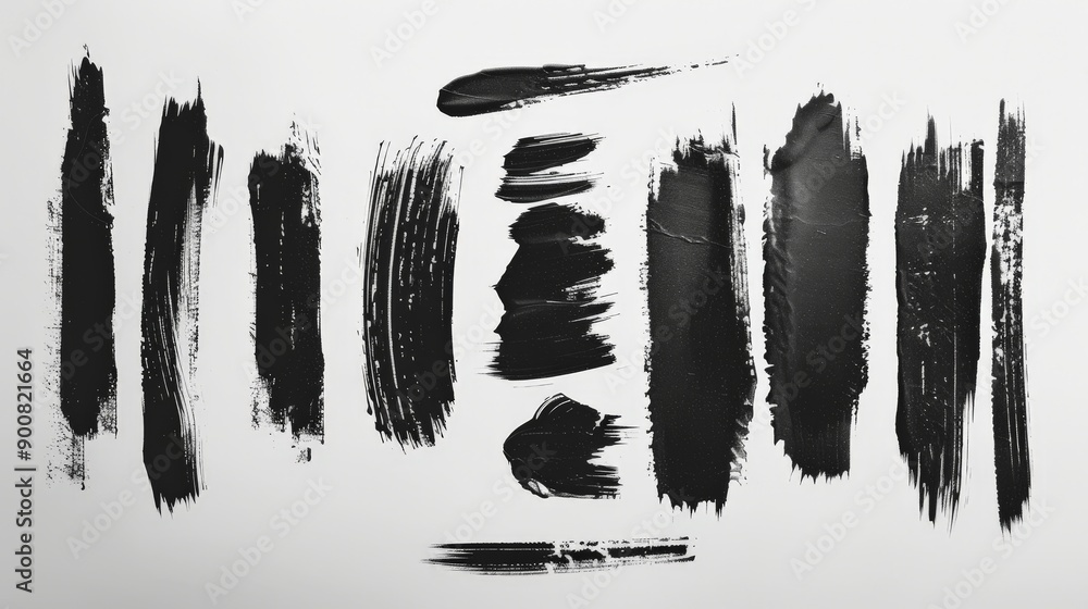 Aufkleber This image consists of assorted black brushstrokes dispersed on a white surface, offering a variety of textures and forms that create a spontaneous and expressive composition.