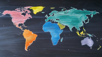 Colorful chalk world map on blackboard background illustrating continents