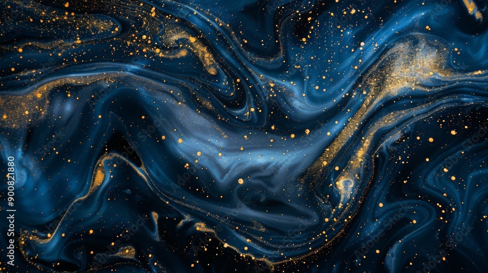 Poster beautifully swirling abstract art in dark blue with gold accents, creating a serene and calming effe