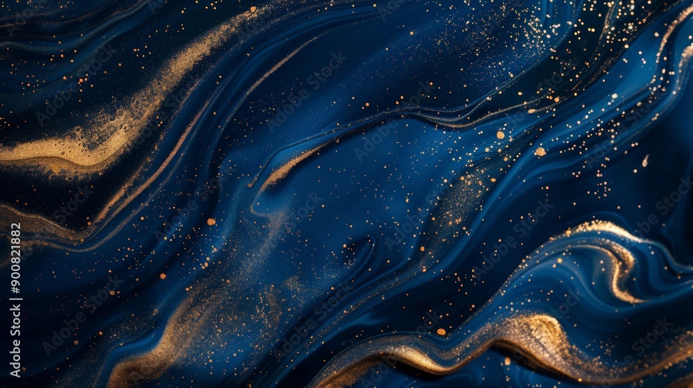 Aufkleber This image features a dark blue abstract background with flowing patterns and gold accents, creating a visually striking and luxurious aesthetic.