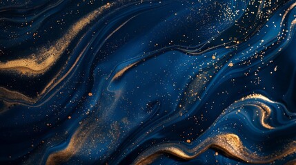 This image features a dark blue abstract background with flowing patterns and gold accents, creating a visually striking and luxurious aesthetic.