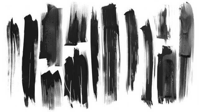 Assortment of black paint strokes of various textures and styles on a white background, offering a diverse collection for creative designs and abstract art projects.