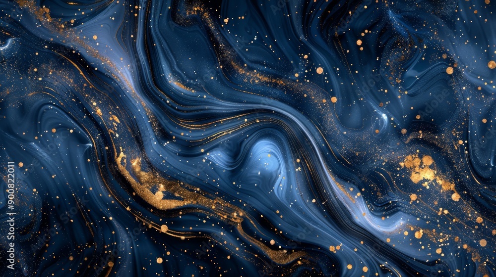 Poster dynamic abstract art piece with dark blue and gold tones blending together to create an inspiring an