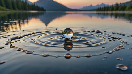 Reflective Sphere Creating Ripples on Calm Lake at Sunset in a Mountainous Landscape