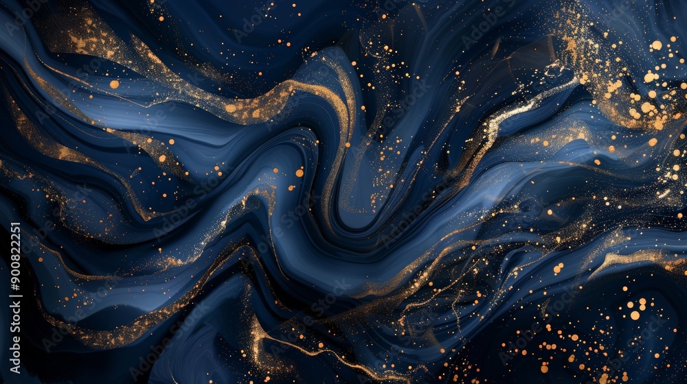 Poster this image showcases navy blue and gold fluid art, characterized by dynamic swirling effects and lum