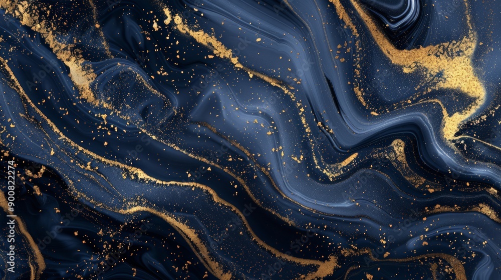 Poster a mesmerizing dark blue and gold abstract marble art, featuring flowing swirls and intricate pattern
