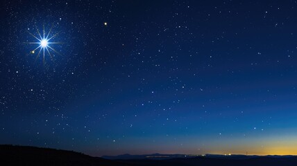 Starry night sky with bright star and horizon glow