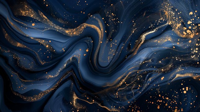 This image showcases navy blue and gold fluid art, characterized by dynamic swirling effects and luminous textures that create a sense of movement and depth, perfect for modern d&eacute;cor.