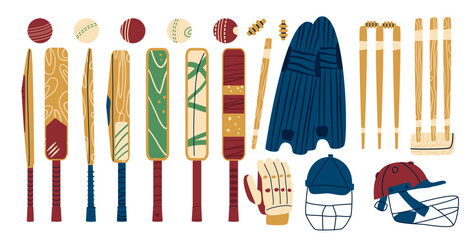 Cricket Set. Sport equipment kit. Bat, helmet, leg pads and balls. Vector hand drawn flat collection illustration isolated on white background.