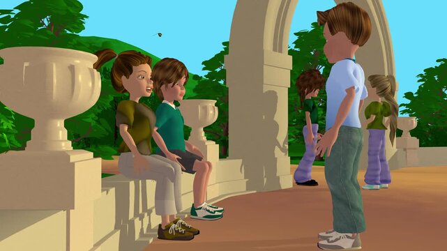 3d animation, five cartoons characters speaking or talking in the park
