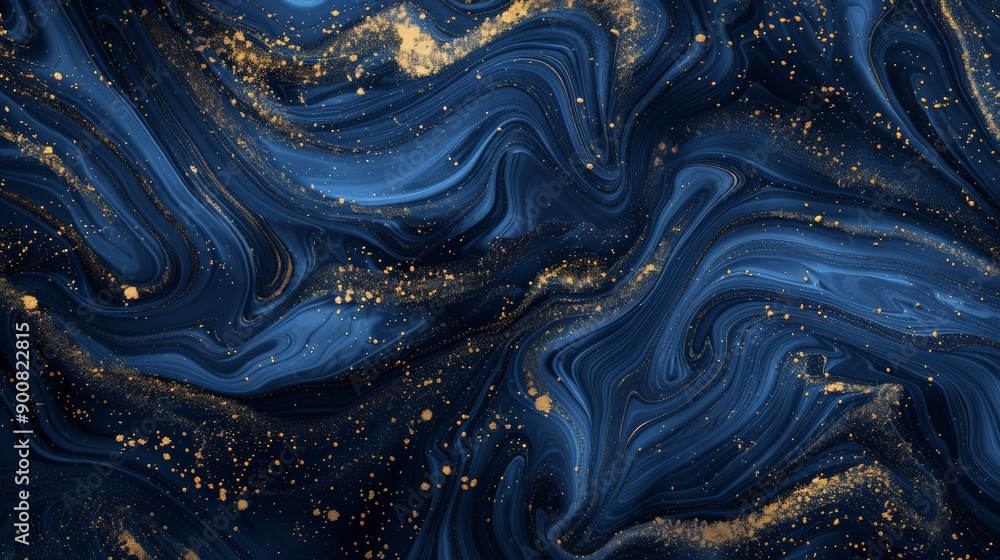 Aufkleber An elegant abstract image showcasing beautifully intricate swirls of dark blue and gold fusion, creating an enchanting visual symphony of fluid motion and rich colors.