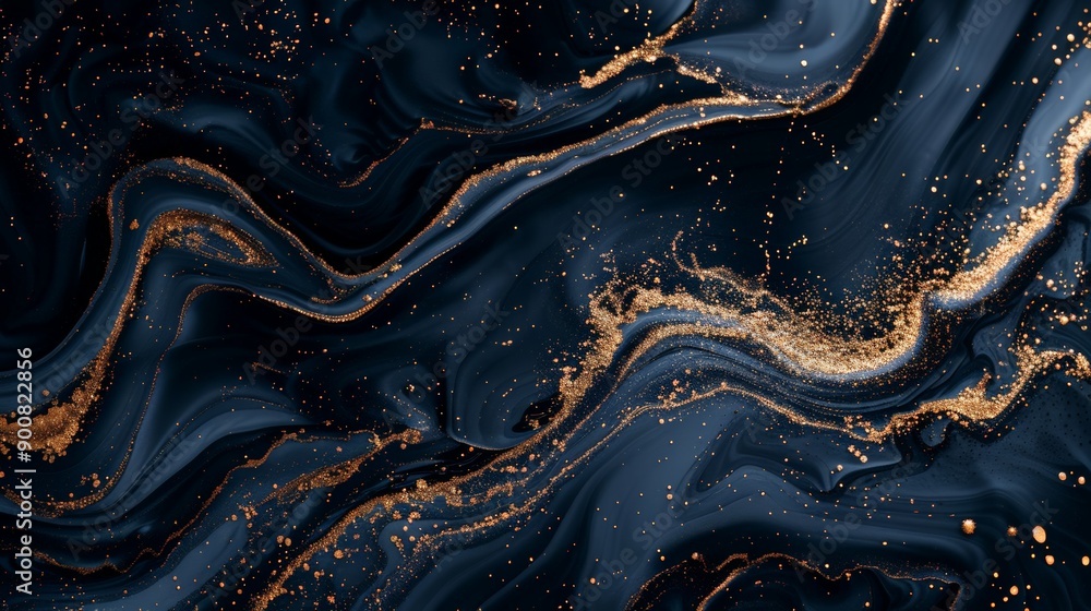Poster an exquisite abstract art piece with dark blue and gold swirls, creating a luxurious and fluid patte