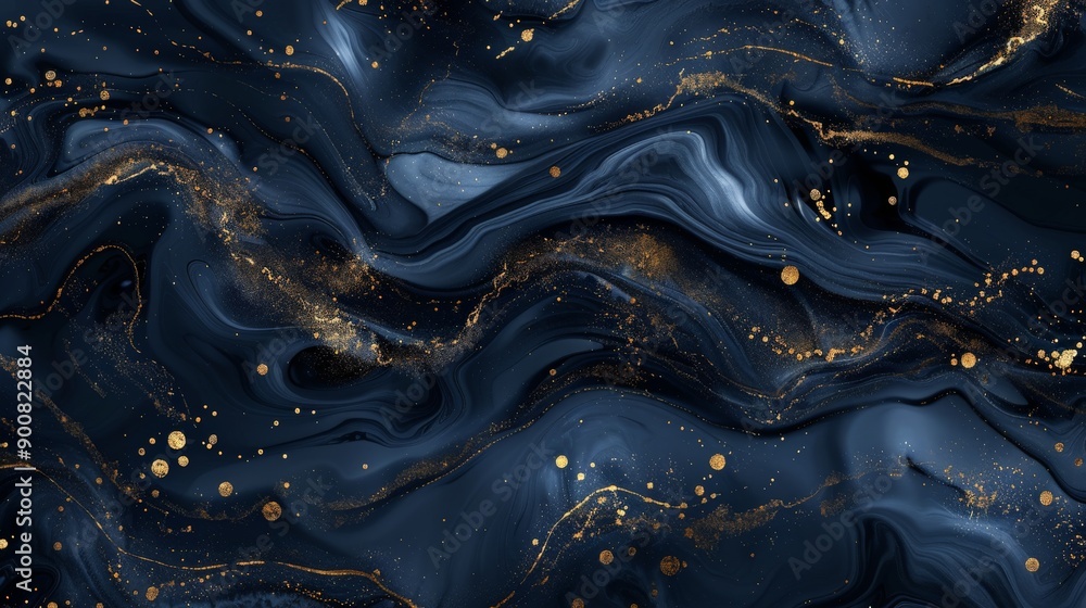 Poster an opulent abstract artwork featuring dark blue and gold marble-like patterns, presenting a lavish a