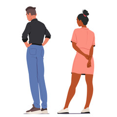 Cartoon Man In A Black Shirt And Blue Pants Stands With His Back Turned, Hands On Hips, Next To A Woman In Pink Dress