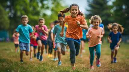 Fototapeta premium Children are joyfully playing and running around outdoors in the park on a sunny day