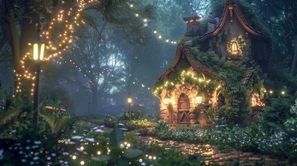 Obraz premium A quaint, rustic stone cottage in the forest, highlighted by dainty glowing lights, surrounded by flowers and greenery, creating a tranquil, fairy-tale atmosphere under the moonlight.