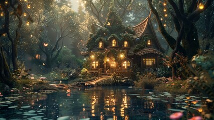 Obraz premium A snug cottage ensconced by a tranquil forest pond, softly illuminated by lanterns, exuding an aura of warmth and cozy solitude amidst serene natural surroundings.