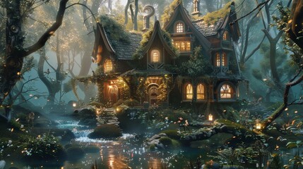 A magical house nestled in an enchanted forest by a sparkling stream, illuminated by soft lights and surrounded by lush greenery under the mystical night sky.