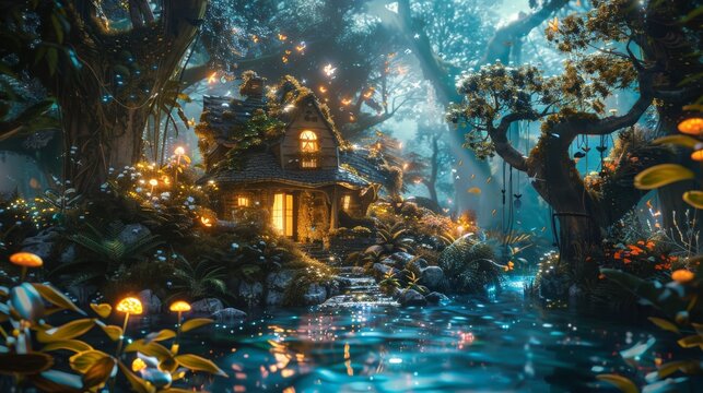 A quaint fairytale house adorned with glowing lights, nestled within a magical forest filled with sparkling flora and soft moonlight, creating a dreamlike ambiance.