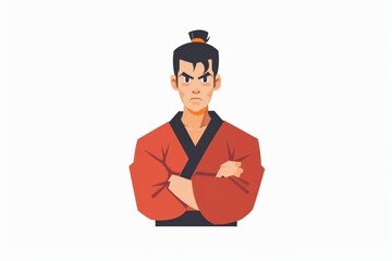 Obraz premium A serious martial artist dressed in a red outfit, arms crossed in a pose of determination and readiness, representing strength and commitment in the martial arts field.