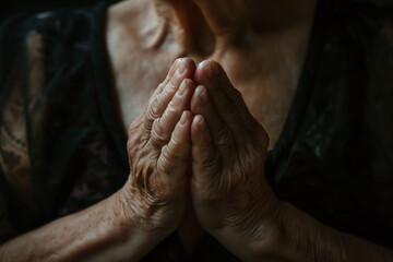 Close-up of elderly woman with wrinkled hands clasped together in prayer, showing signs of age and devotion