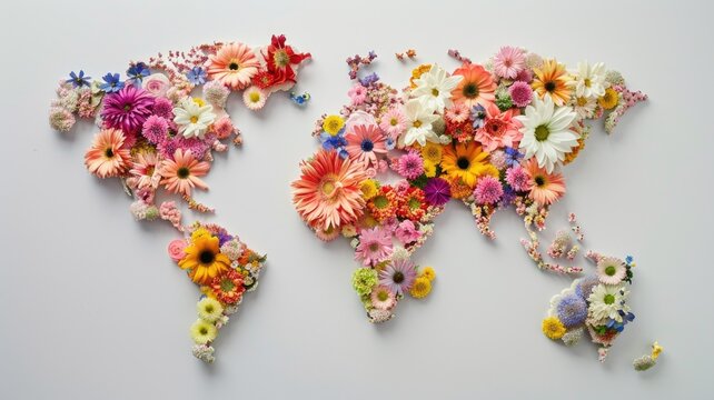 Artistic world map made from vibrant flowers on white background