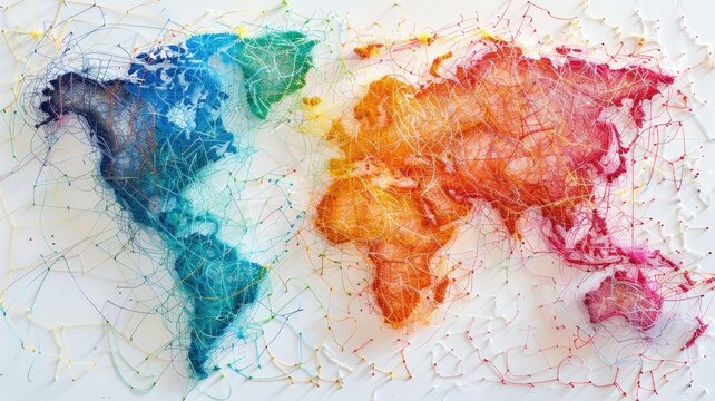 Colorful string art map of continents on white background