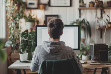Over-the-shoulder shot of a young man working on a computer in a bright home office filled with plants