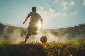 A soccer player in motion, running and kicking a ball on a stadium field during sunset