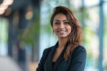 Naklejka premium Beautiful Smiling Indian Woman in a Business Suit in a Company Office
