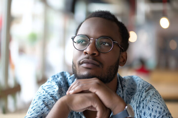 Close-up of a thoughtful African American man wearing glasses, looking pensive and deep in thought