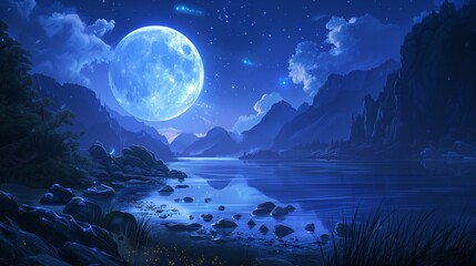 Fototapeta premium Beautiful Moon and River at Night with Mountains and Stars.