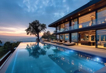 Fototapeta premium Modern House Pool At Dusk