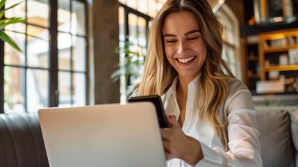 Fototapeta premium Photo of Young happy busy business woman